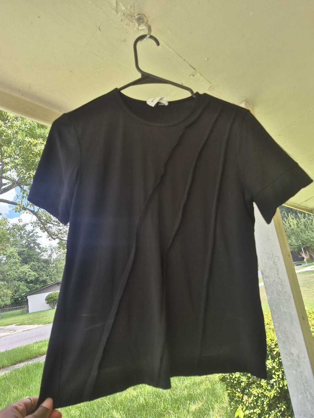 MARCELLA NYC Black Short-Sleeve Crewneck Tee with Diagonal Raw-Edge Strips